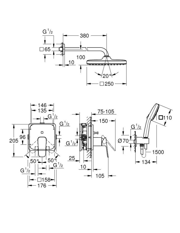 Комплект душ гарнитура за вграждане 1053362430 GROHE Cubeo с Tempesta 250