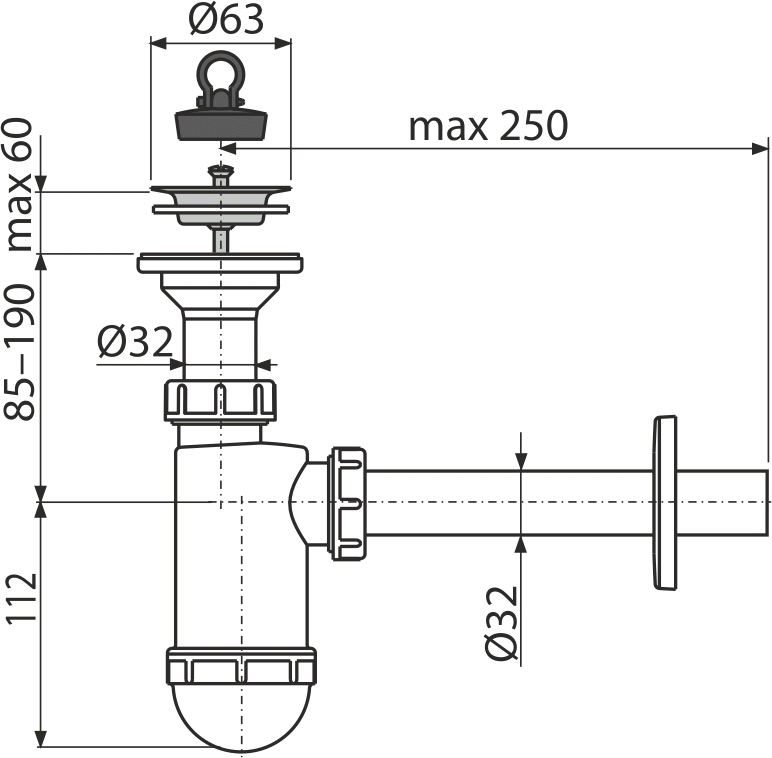 Сифон за мивка DN32 с неръждаема решетка DN63 A410