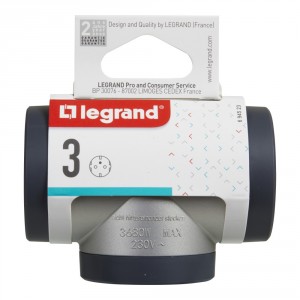 Plug adapter Legrand 694523 , 3x Shuko , T-shaped, aluminum