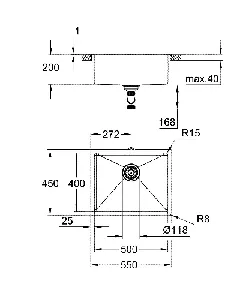Stainless steel kitchen sink K700U , 550 x 450 мм