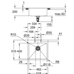 Stainless steel kitchen sink K800 , 518 х 510 мм.