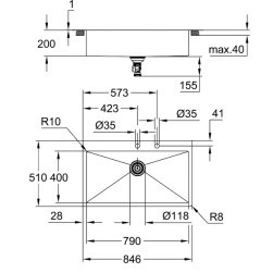 Stainless steel kitchen sink K800 , 846 x 510 мм