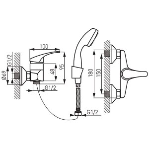 Wall-mounted shower mixer BASIC, with manual shower, chrome