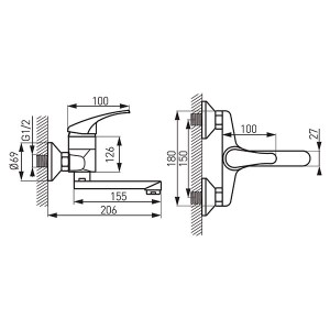 Wall-mounted sink mixer BASIC, rotating spout 150 mm. , chrome