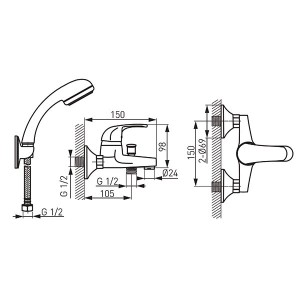 Wall-mounted bath/shower mixer VASTO , with manual shower, chrome