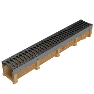 Polymer concrete gutter with reinforced edges POLYFLY100 with grating for load class D400